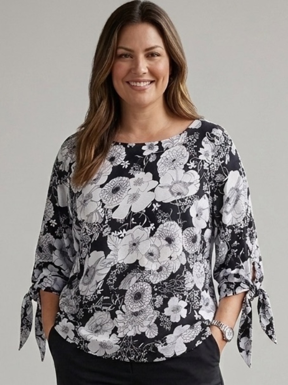 Talbots Floral Textured 3/4 Tie-Sleeve Top X Black and White EUC